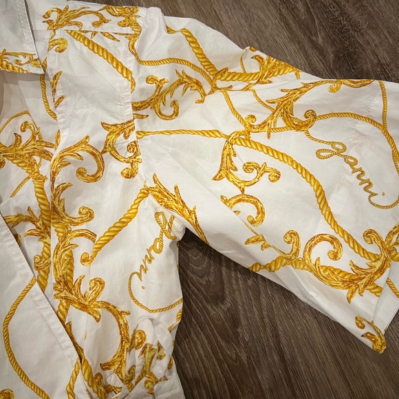 NWT GANNI 100% Cotton Gold And White Patterned Button Up Wrap Shirt - Picture 8 of 14